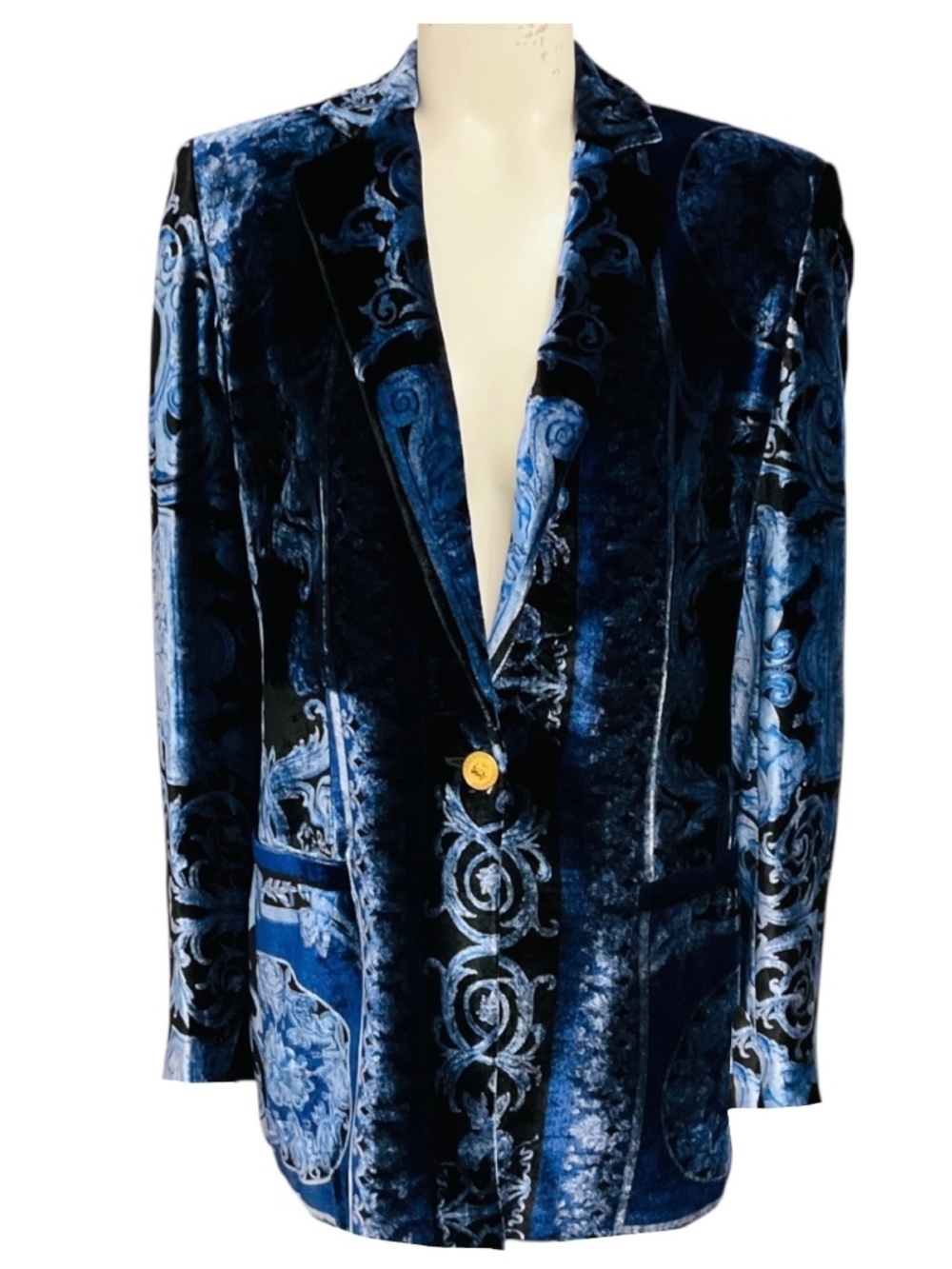 VERSACE BLUE MULTI PRINTED VELVET BLAZER WITH GOLD MEDUSA BUTTONS